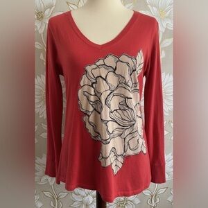 Old Navy Red Boho V Neck Floral Casual Long Sleeve Cotton Blouse Size Medium